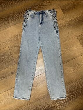 Fashion Nova Light Blue High-Rise Straight Leg Jeans with Side Chain Lace-Up